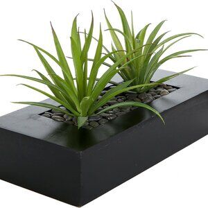 New 10 Inch Fake Grass Artificial Plants in Rectangular Black Wood Planted